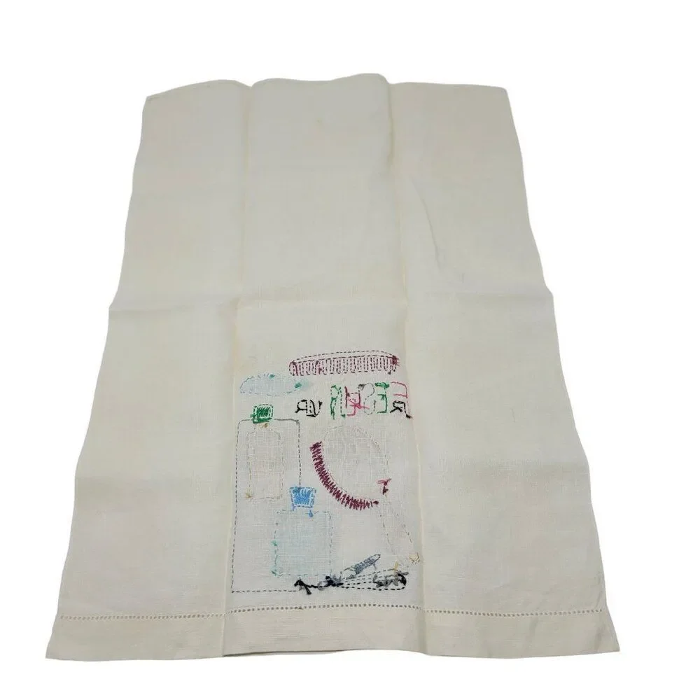 Vtg 60s Embroidered Linen Hand Towel Set Kitschy Vanity‎ Bathroom Prop Display